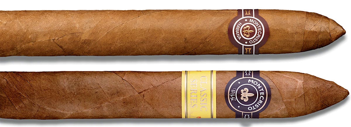 A Cuban Montecristo No. 2 (top) next to a Dominican Montecristo Classic No. 2 Torpedo (bottom).