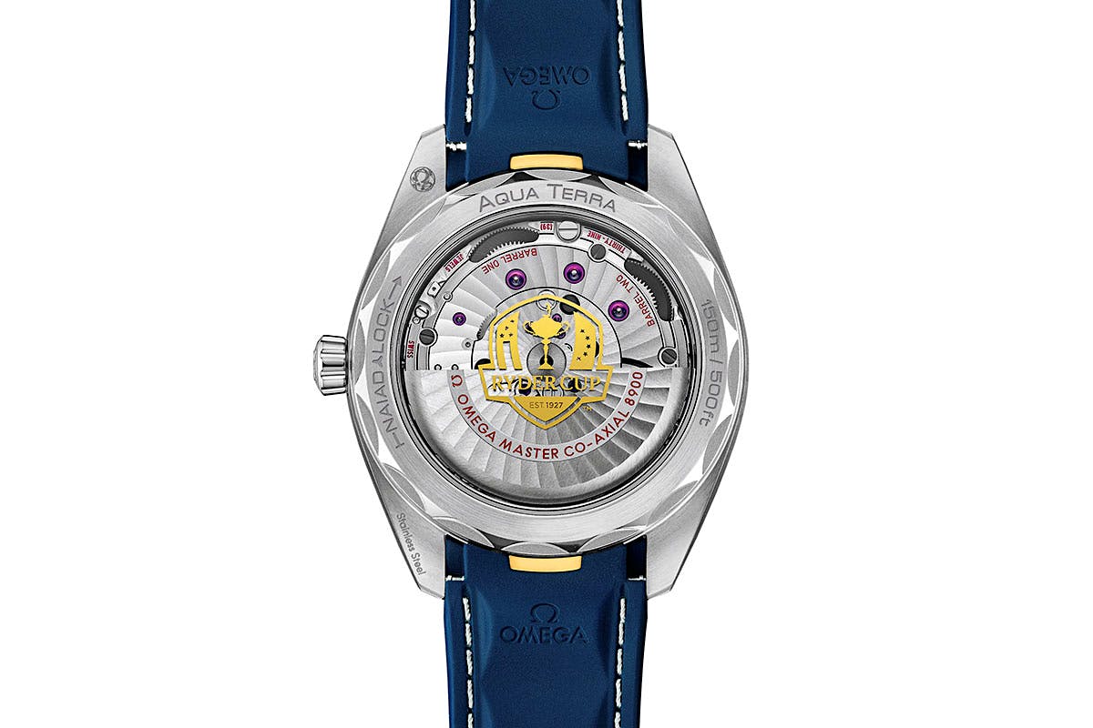 The Master Chronometer Calibre 8900 movement is on display through the sapphire crystal-case back, which is coated with a Ryder Cup logo in 24K gold.