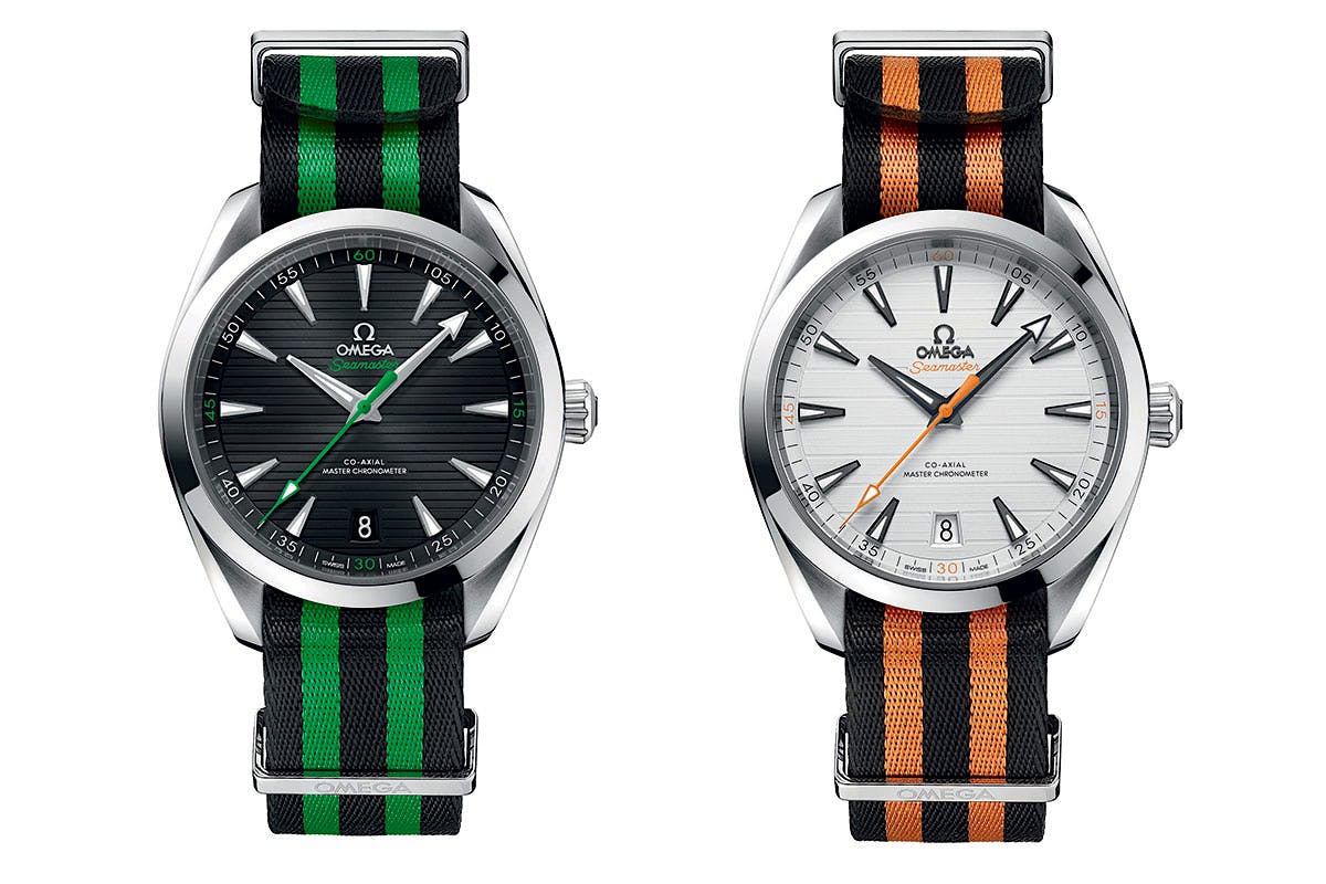 The Seamaster Aqua Terra Golf models, in black with green accents for Sergio Garcia, left, and white with orange accents for Rory McIlroy, right.