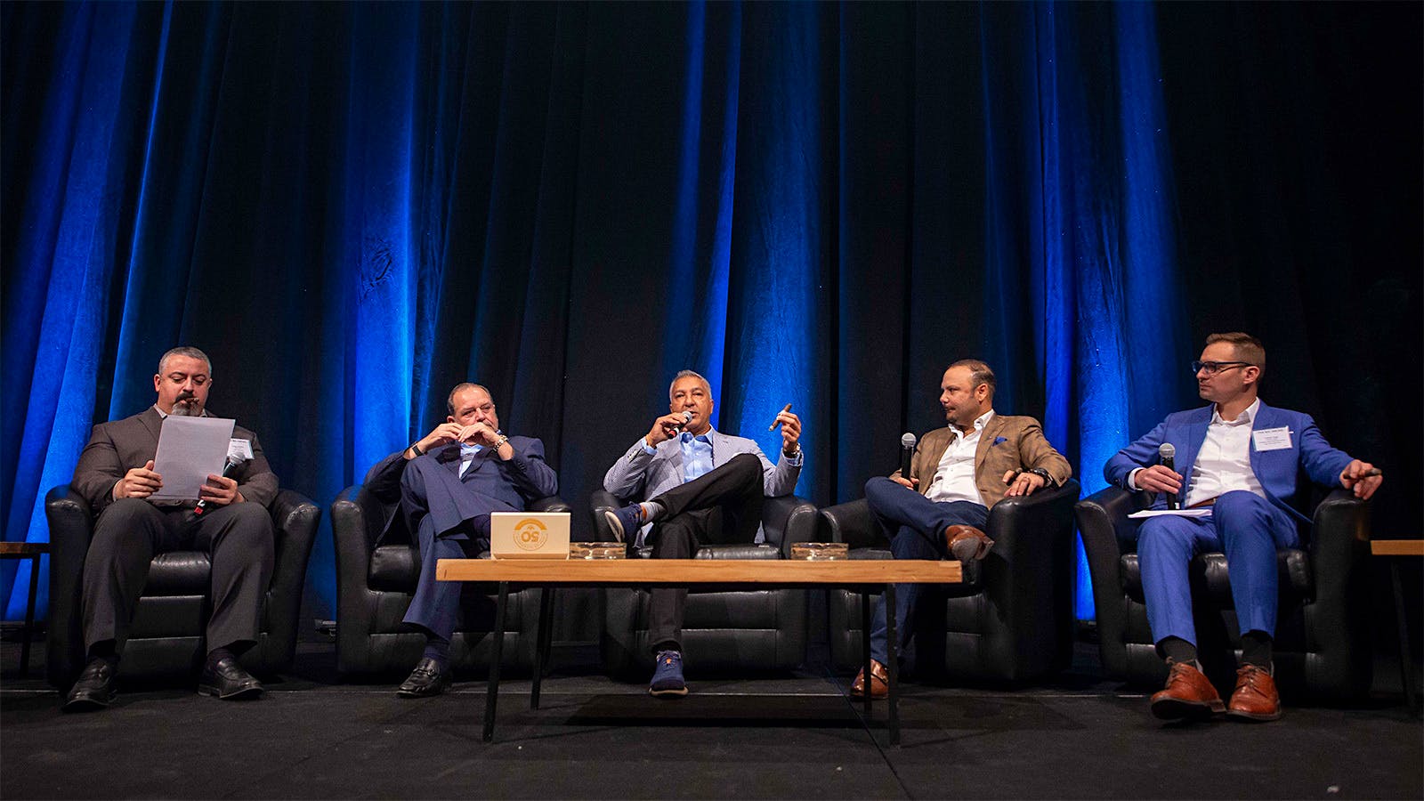 The Nicaraguan cigars seminar, from left: senior editor Greg Mottola, Alejandro Martinez Cuenca of Joya de Nicaragua cigars, Rocky Patel of Rocky Patel Premium Cigar, Nestor Andres Plasencia of Plasencia Cigars and associate editor Andrew Nagy.