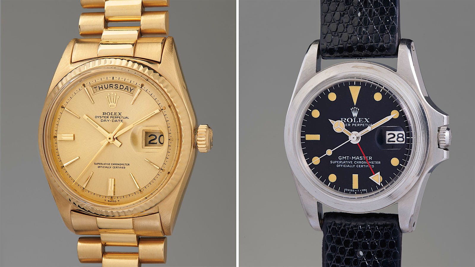 Jack Nicklaus’ gold Rolex Day-Date Reference 1803, left, and Marlon Brando’s Rolex GMT-Master Reference 1675.
