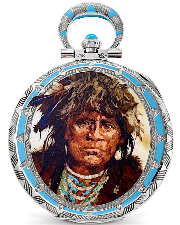 A pocket watch with a wood marquetry portrait of a Native American in full regalia.